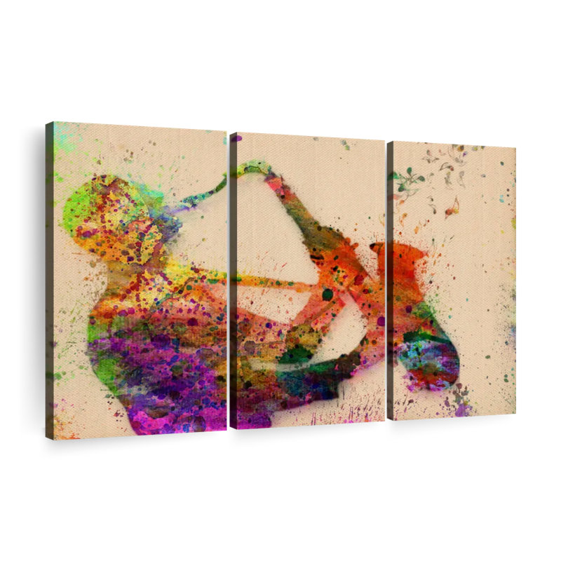 Reproduction sur toile d'un joueur de saxophone, H 42 po x l 65 po x P 1,25 po