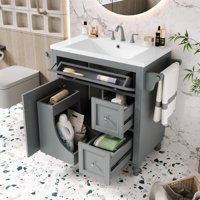 Meuble-lavabo polyvalent avec tiroirs multiples et fabrication robuste pour un rangement élégant, Gris