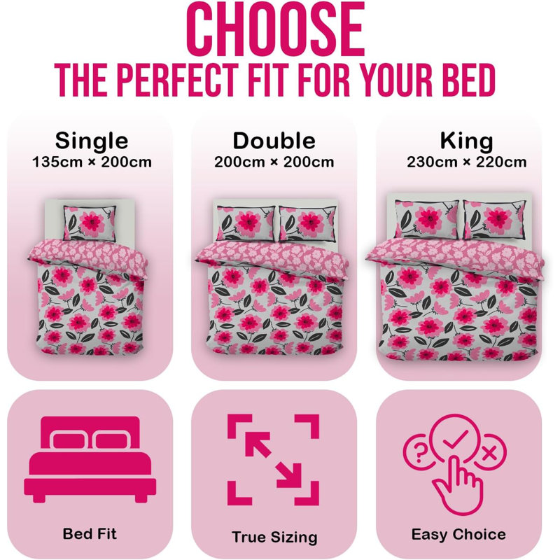 Blossom Pattern Soft Touch Duvet Cover Set with Matching Pillowcases - Polycotton Fabric Bedding - Single Double King UK