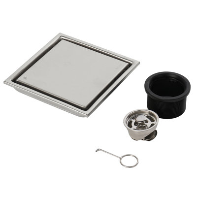 FINE FIXTURES Stainless Steel 6 inch Square Shower Drain with Hair Trap and Tile Insert & Grate 2-in-1 Design