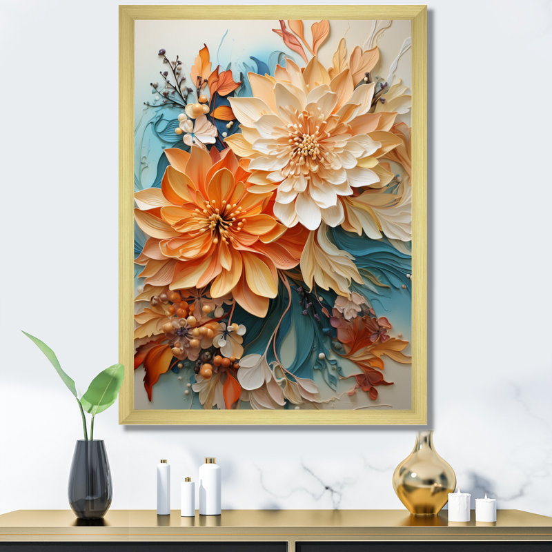 Orange et bleu sarcelle, tourbillon botanique I - art botanique abstrait, Cadre photo unique, H 20 po x l 12 po, Doré