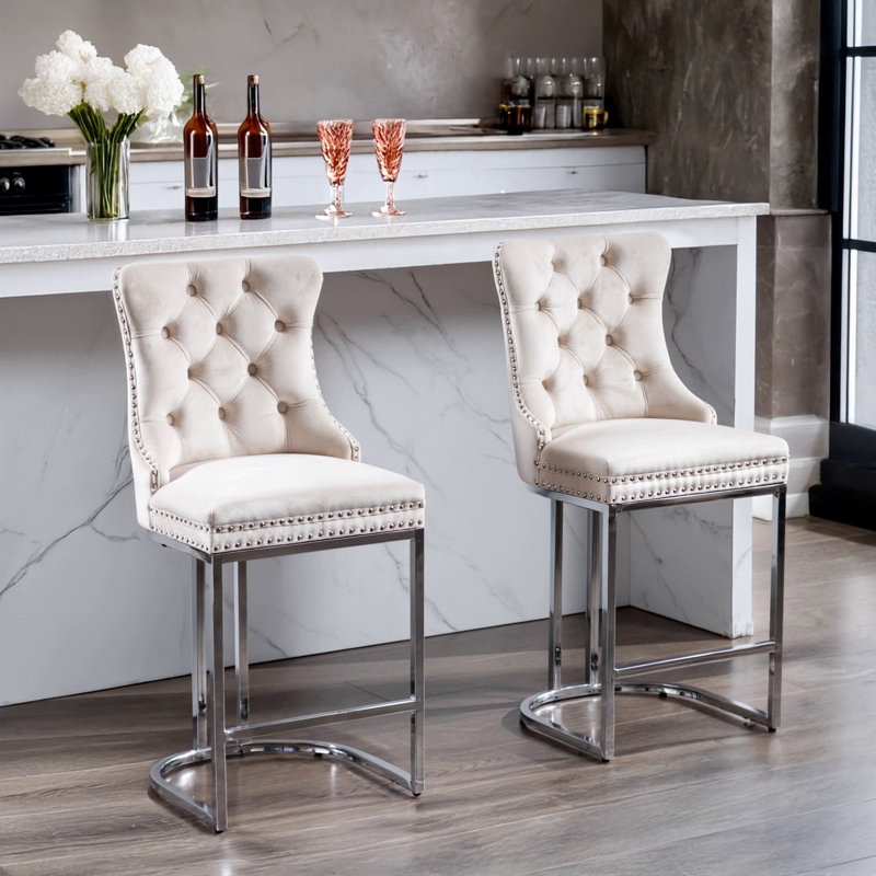 Ensemble de 2 tabourets de bar 26 po, Velours beige