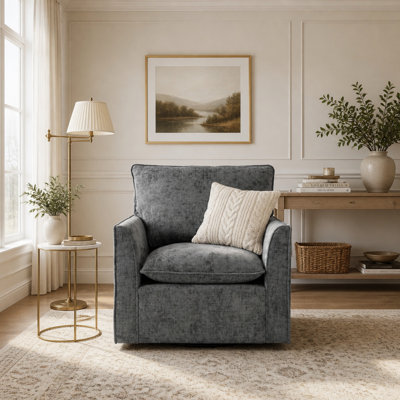 Fauteuil d'appoint pivotant à 360 °, fauteuils carrés simples confortables, fauteuils club rembourrés pour le salon, la chambre à coucher, la salle de lecture, tissu chenille gris