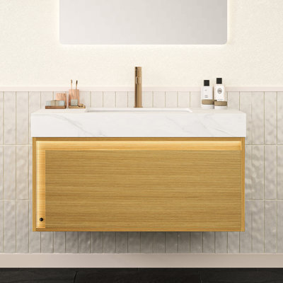 Meuble-lavabo suspendu de 91 cm (36 po) avec comptoir en pierre frittée blanche, lavabo encastré en céramique, armoire en contreplaqué à grille ultramince, éclairage de tiroir à capteur, lavabo de 91 cm (36 po), armoire avec grille.