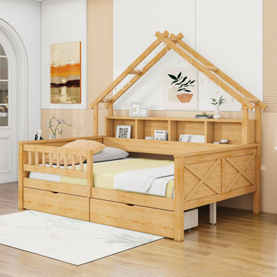 Lit plateforme double en bois avec 2 tiroirs et tablettes