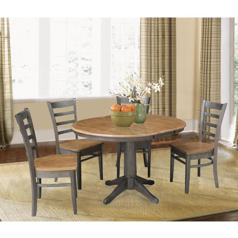 Deriya Extendable Solid Wood Top Pedestal Dining Set, 5, Hickory/Washed Coal