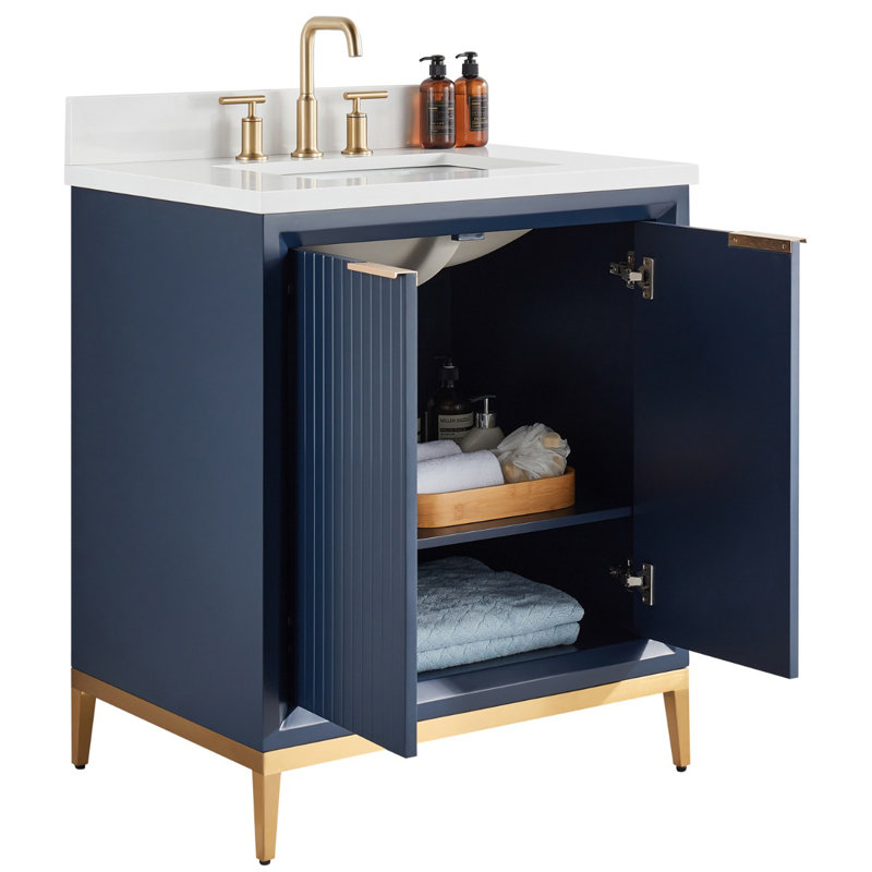 Bungalow 30" Freestanding Standard Single Bathroom Vanity with Top, Gold/Navy Blue