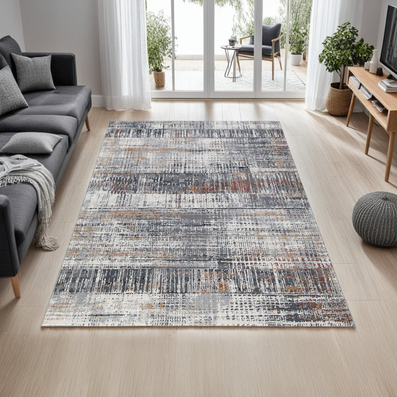 Tapis gris à motif abstrait tissé à la machine Tenr, Rectangle 5 pi x 7 pi