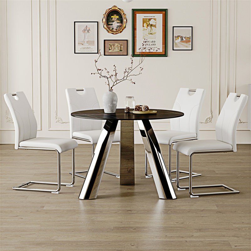 Modern Black Sintered Stone Round Table with White Chairs
