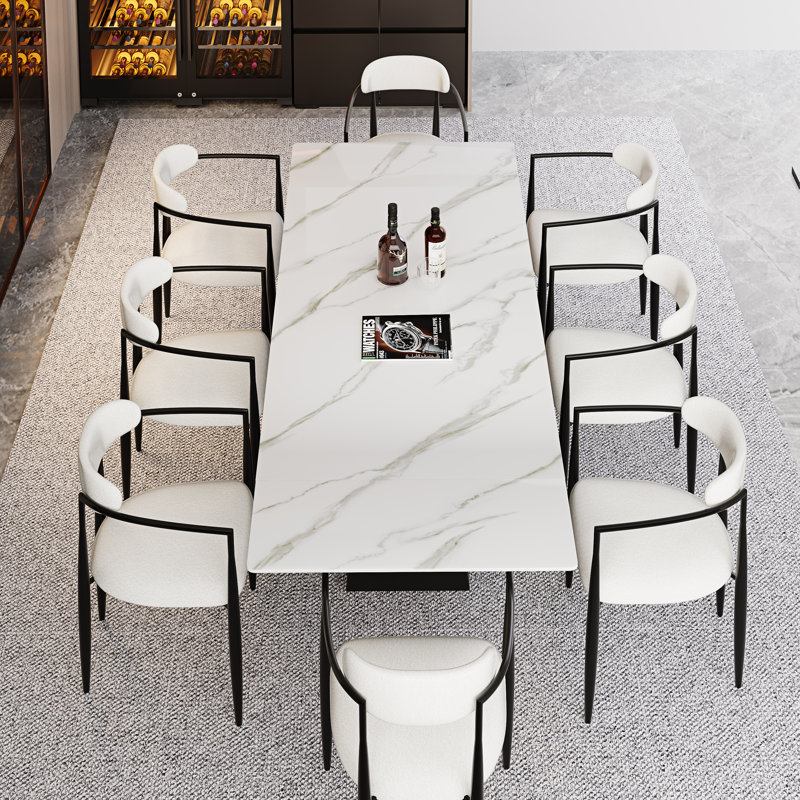 Chinguun 9 - Piece Dining Table Set With 94.5'' Extendable Sintered Stone Dining Table And 8 Fabric Chairs, White/Black