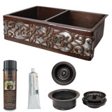 33" Hammered Copper Kitchen Apron 50/50 Double Basin Sink w/ Scroll Design and Apron Front Nickel Background with Matching Drains, and Accessories