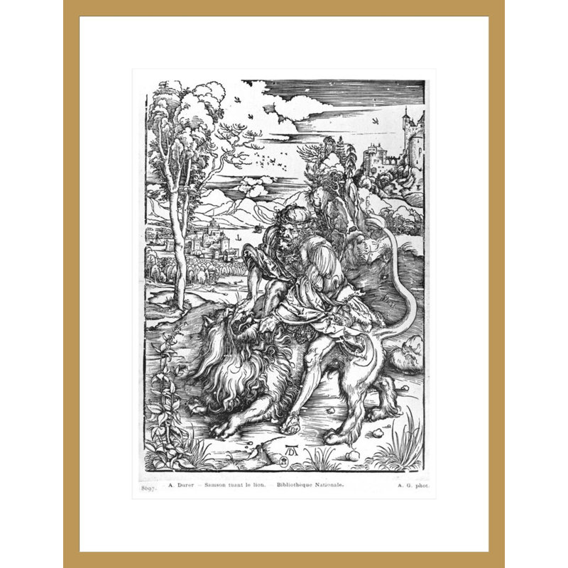 Samson tuant le lion par Albrecht Dürer, impression par estampe numérique encadrée, H 21,75 po x l 16,91 po