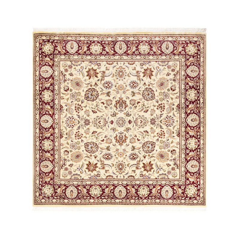 Ivory and Red Hand-Knotted Square Wool Area Rug