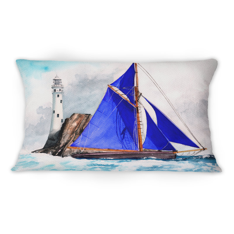 Voilier avec voiles bleues dans une mer orageuse - Coussin décoratif imprimé nautique et côtier 1