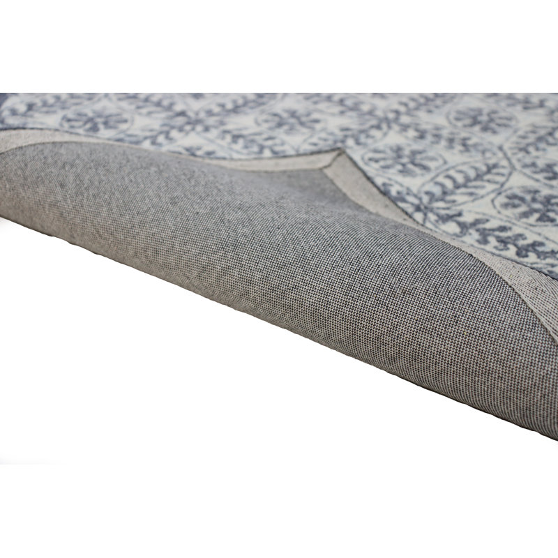 Ivory and Blue Hand-Tufted Wool Rectangular Area Rug 5' x 7'