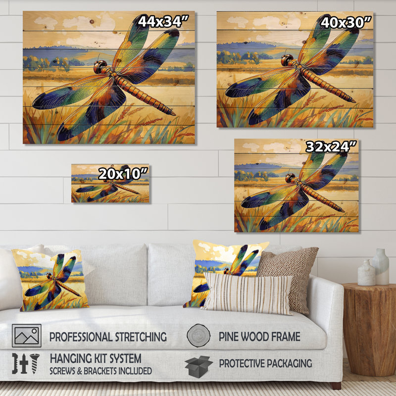 Libellule dans les prés - Reproduction en bois jaune moderne sur bois de pin naturel, 10" H x 20" W