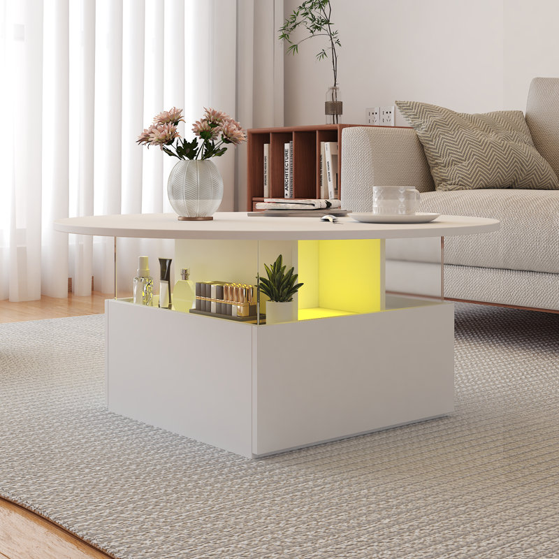 Solid Round Coffee Table with Two Drawers, White