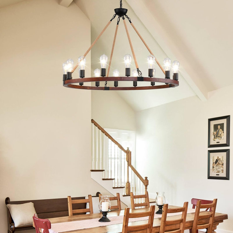 Lustre rustique en bois à roulettes - Luminaire rond de style campagnard pour salon, salle à manger, haut plafond avec chaîne réglable, certifié UL