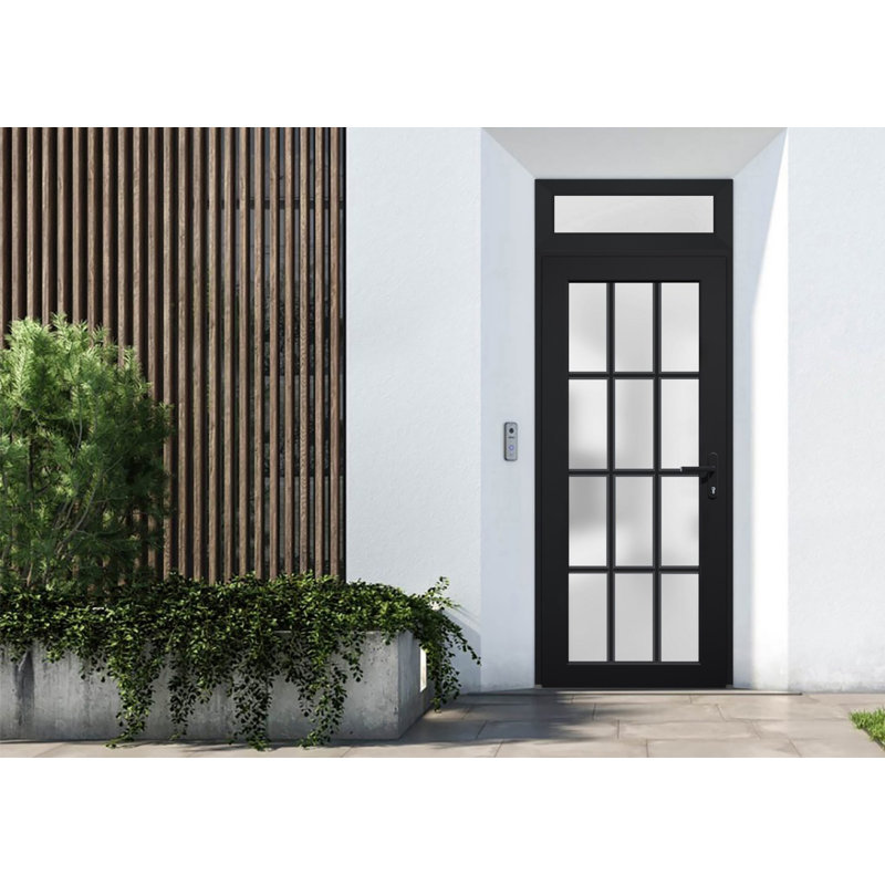 Façade extérieure avant porte en verre givré fibre de verre givré / Manux 8312 noir mat / fenêtre extérieure supérieure / bureau Portes d'entrée commerciales et résidentielles - l 30 po x H 80 po + 14 po - Gauche