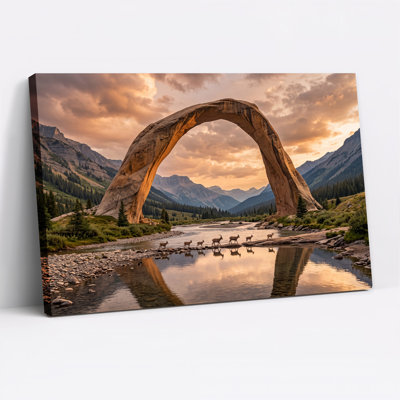 «Stone Arch Over River and Mountain Sheep Crossing Stream At», art mural sur toile