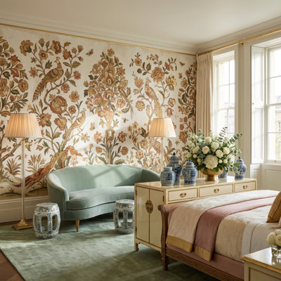 Papier peint floral vintage avec oiseaux, fresque murale traditionnelle