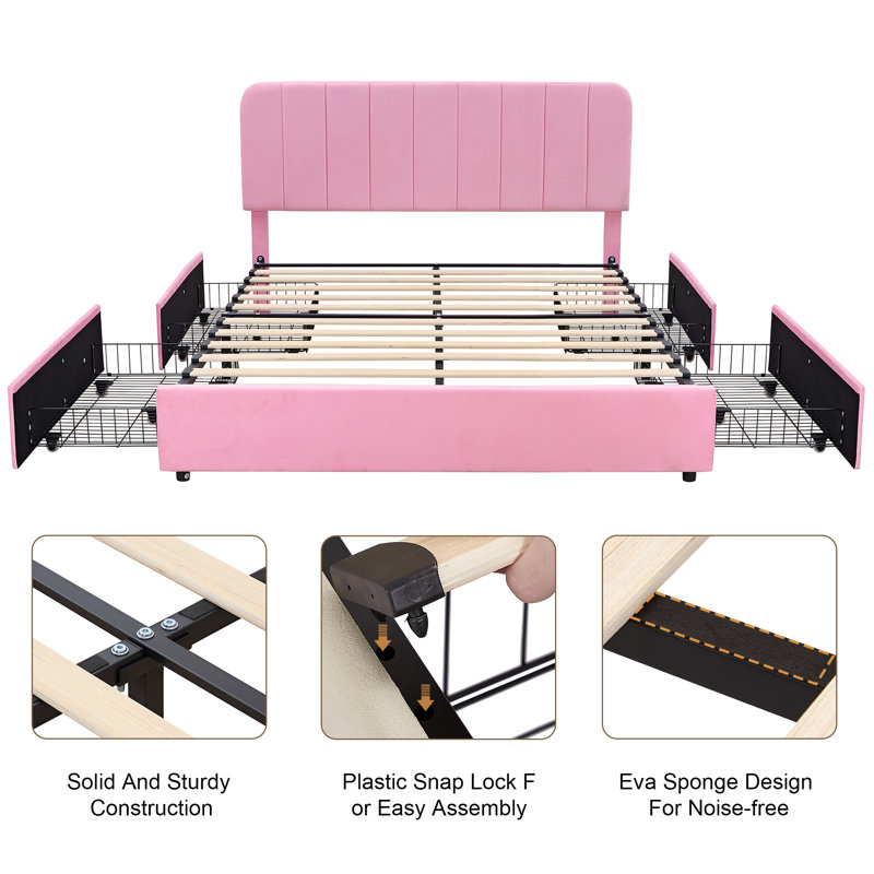 Huntsville 4-Drawer Velvet Upholstered Platform Bed, Queen, Pink