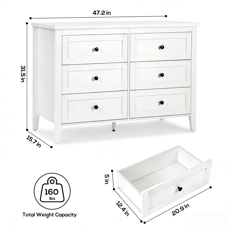 Commode double 6 tiroirs pour chambre Wilma, Blanc