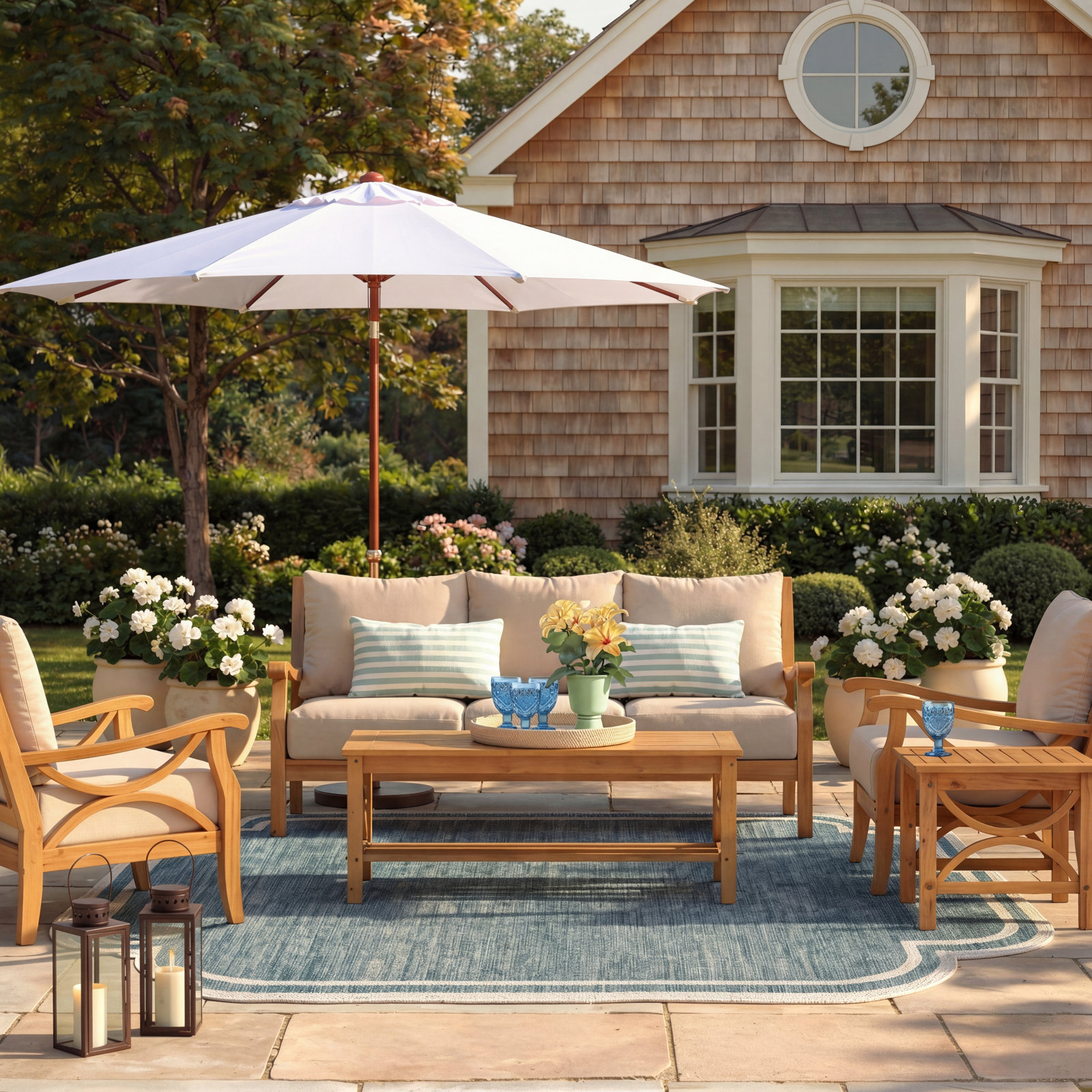 Brunswick 5 Piece Teak Sofa Seating Group with Cushions , Gray Performance Olefin, Brown
