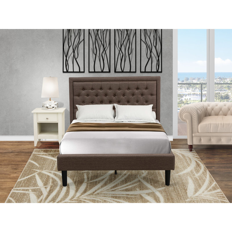 Ensemble de lit 2 pièces - 1 tête de lit rembourrée en tissu de lin brun et tête de lit capitonnée à boutons avec 1 table de chevet pour la chambre à coucher - Table de chevet au fini crème au beurre brossé