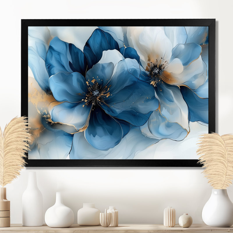 Velours blanc, bleu, chrysanthèmes, rivière à encre I - art mural Apple Blossom, H 24 po x l 32 po, Avec cadre, Noir