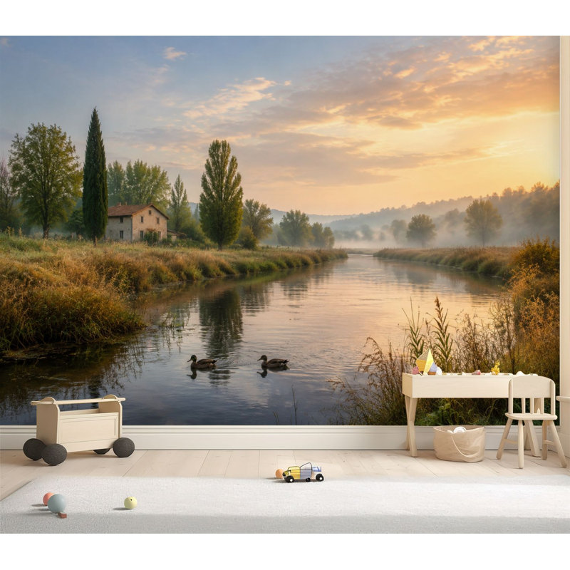 Papier peint adhésif autocollant Tranquil Riverside Landscape Ducks Trees Cottage, L 69 po x l 96 po