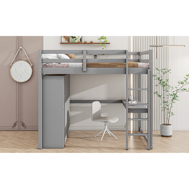 Lit mezzanine double compact en bois massif au design moderne gris, parfait pour les chambres à coucher