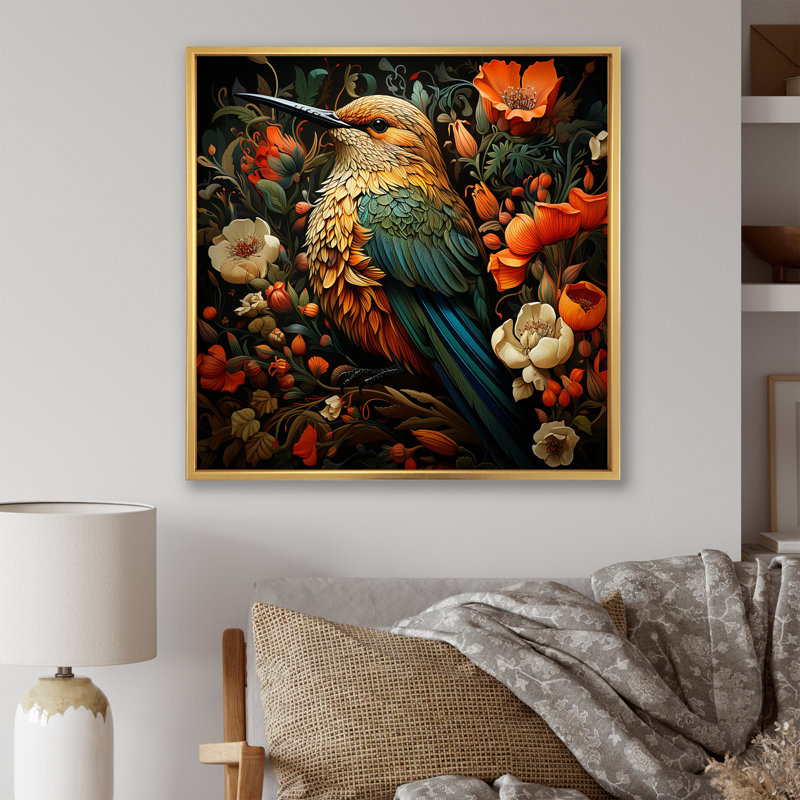 «Hummingbird Gardens Guardian», art mural colibri, Cadre flottant doré, H 30 po x l 30 po x P 1,5 po