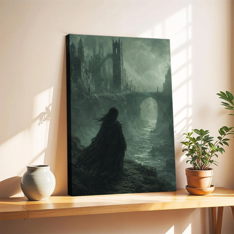 Personnage solitaire en cape contemplant un château gothique en ruines au bord d'une rivière brumeuse, toile murale médiévale sombre et fantastique
