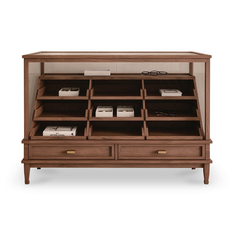 Nut-brown Solid Manufactured Wood Jewelry Display Storage Cabinet with drawer-style storage compartments
