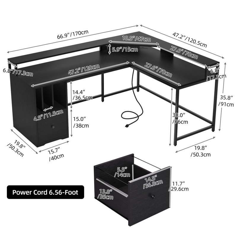 Monge 67'' L-Shape Wood Desk Computer Table with LED Light & Power Outlets, Black