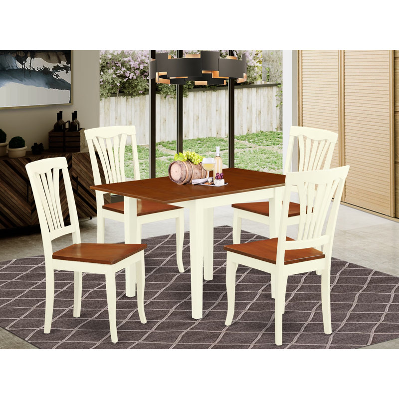  5 Piece Kitchen Table & Chairs Set Includes a Rectangle Dining Room Table with Dropleaf and 4 Solid Wood Seat Chairs, 30x48 Inch, Buttermilk & Cherry