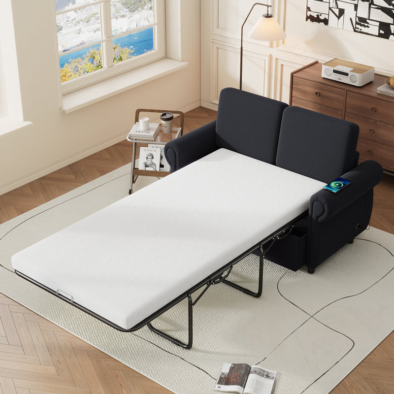 Canapé-lit escamotable avec deux ports USB, Noir