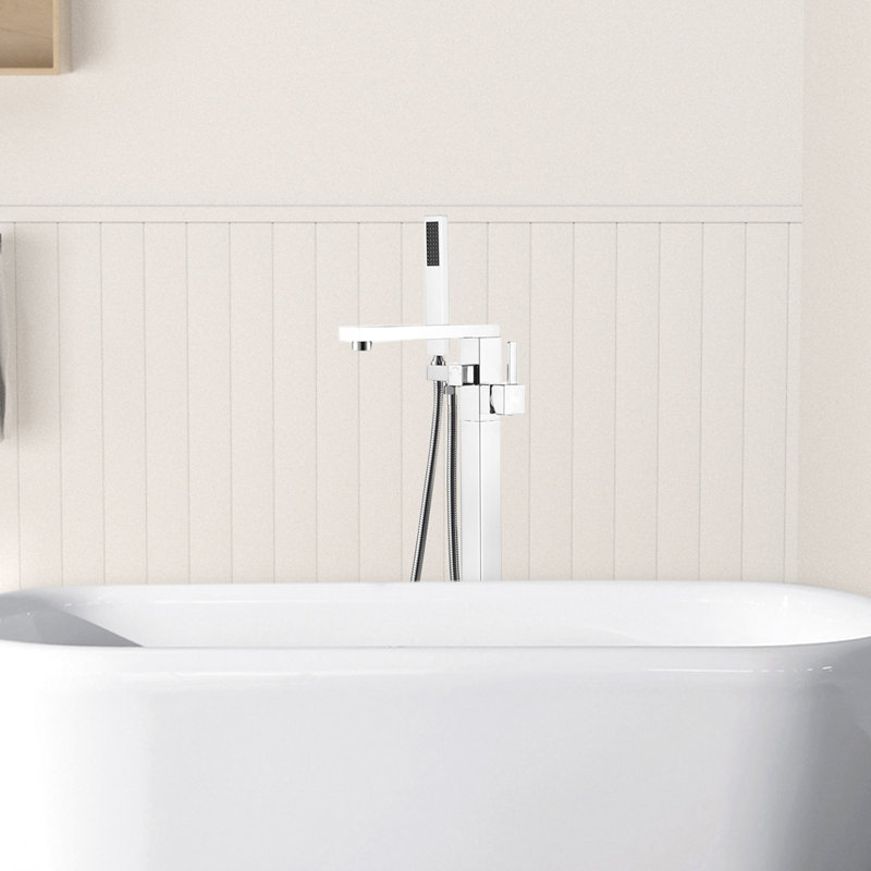 Robinet de baignoire autoportant moderne avec douche à main - métal, 6 po de largeur, robinet de salle de bain 33,5 po de profondeur