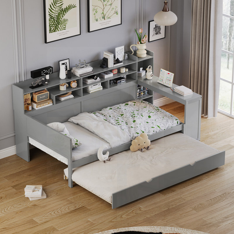 Lit de jour en bois pour lit simple avec tablettes de rangement, lit multifonctionnel avec lit gigogne et bureau d'étude pour économiser de l'espace