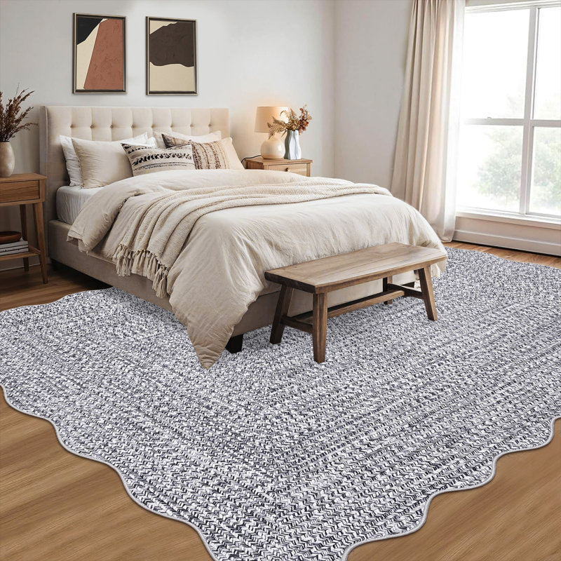Farmhouse Scalloped Rug Washable Rug with Non Slip TRP Backing, Low Pile Non Shedding Rustic Carpet, Soft Thin Foldable Printed Mat for Living Room Bedroom