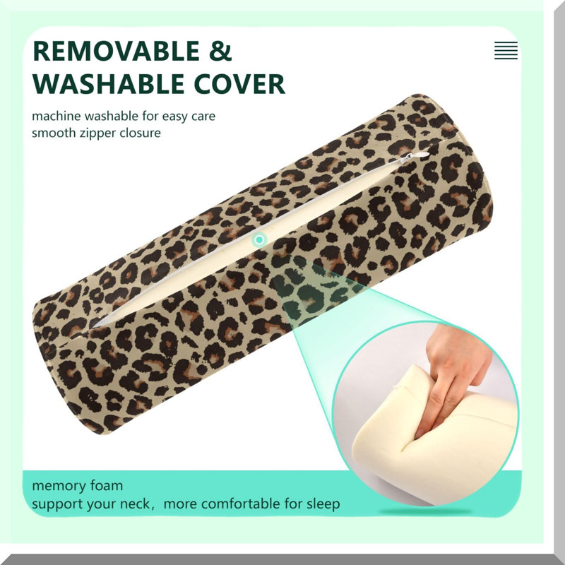 Leopard Print Round Cervical Pillow - Washable Cover, Cylinder Bolster for Head, Neck, Back, Legs - Sleeping Support 17 Inch