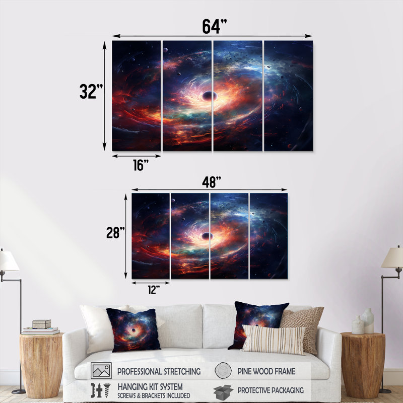 «Rose and Orange Nebula Vortex I - Planets», art mural sur toile 4 pièces, H 28 po x l 48 po