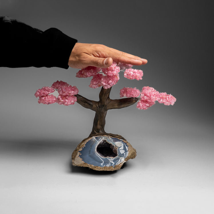 Custom - Genuine Rose Quartz Clustered Gemstone Tree On Agate Geode Matrix (The Love Tree)