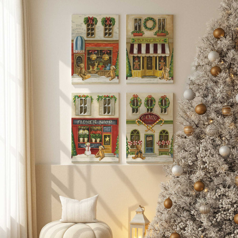 Holiday Stores, ensemble de 4 impressions sur toile, Or poli, H 19 po x l 52 po, Impression encadrée sans passe-partout