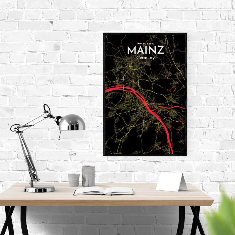 Mainz, carte de la ville, impression, H 36 po x l 24 po, Noir / rouge / jaune
