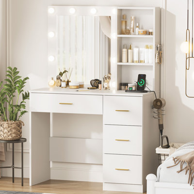 White Vanity Desk With LED Lighted Mirror, Makeup Vanity Desk With 4 Drawers Storage & Power Outlet