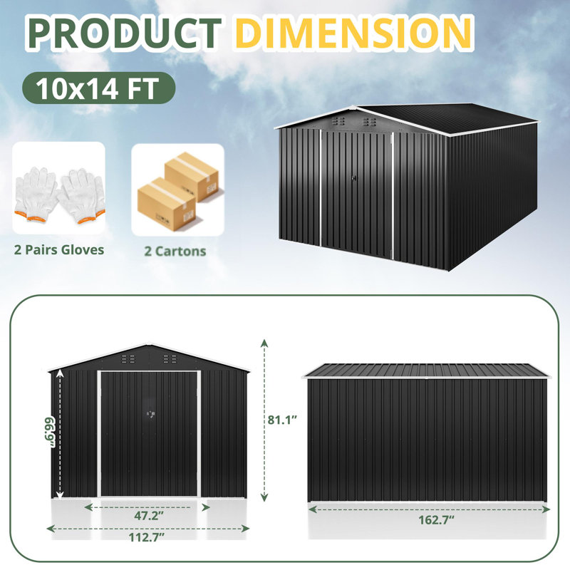 10 ft. W x 14 ft. D Outdoor Metal Shed Storage with Reinforced Steel Frame and Lockable Doors, Black