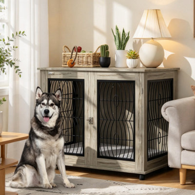 Grey Furniture-Style Indoor Dog Crate End Table for Extra Large Dogs, Featuring Soft Washable Cushion and Lockable Front Door, Multi-Functional Pet Side Table