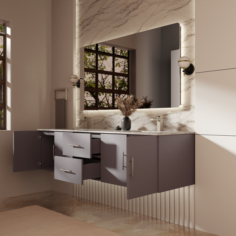 Ensemble de meuble-lavabo double mural 72 "Geneva, Gris foncé, Marbre de Carrare blanc